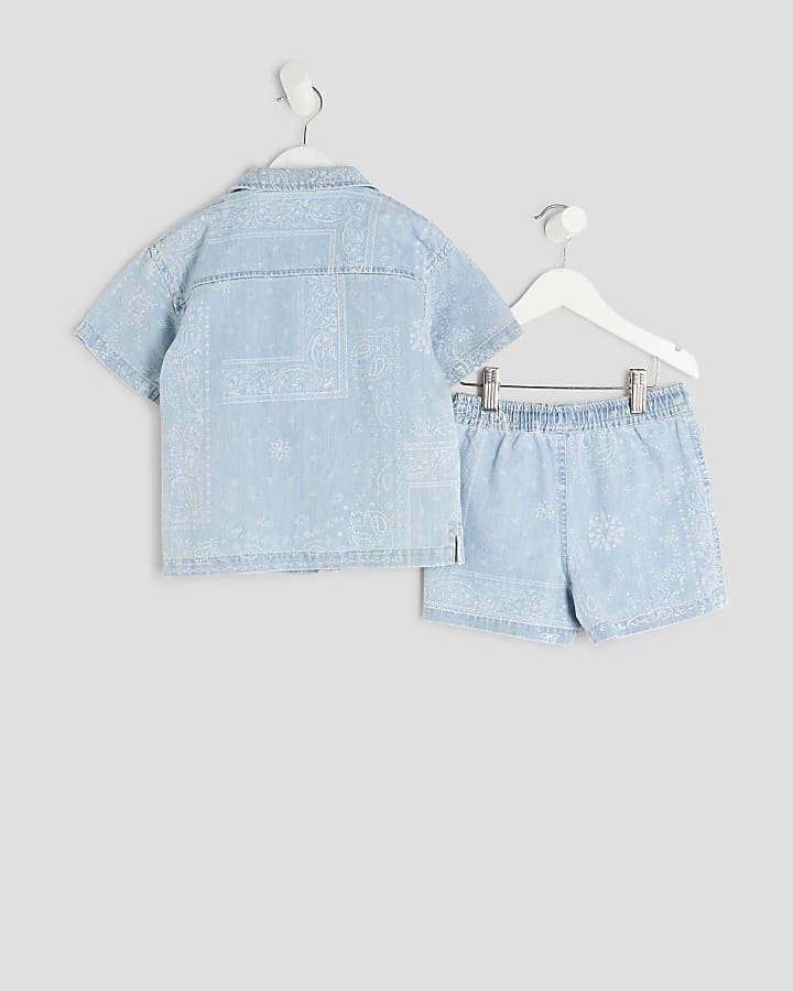 Mini Boys Blue Denim Paisley Shirt Set