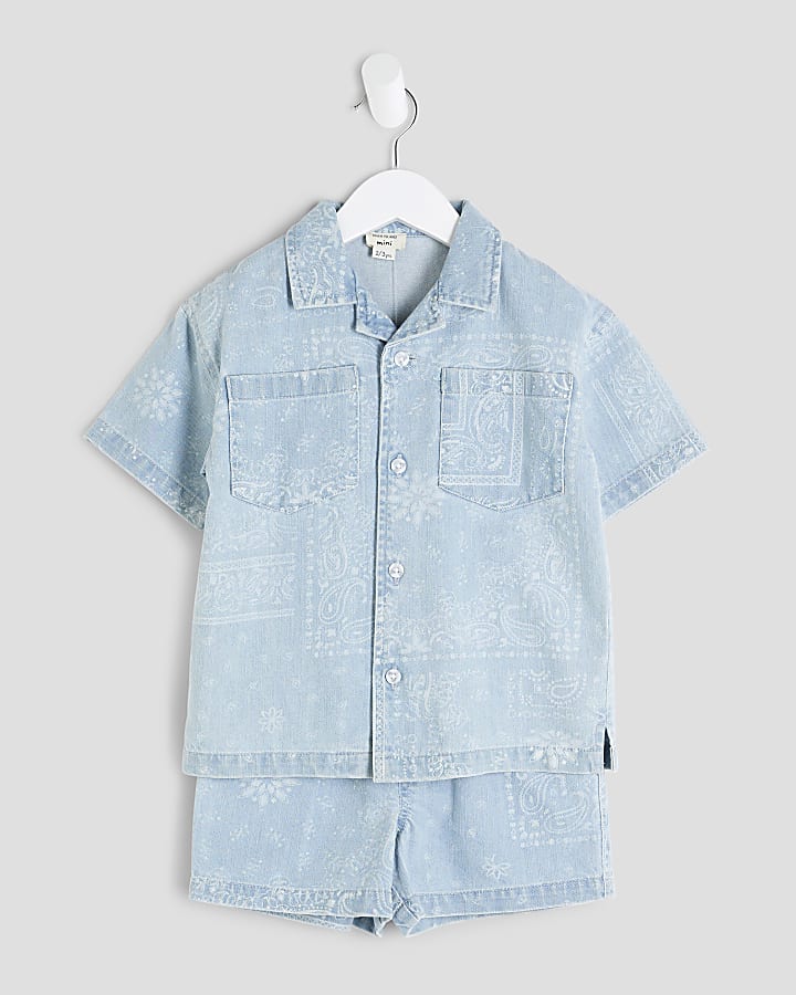 Mini Boys Blue Denim Paisley Shirt Set