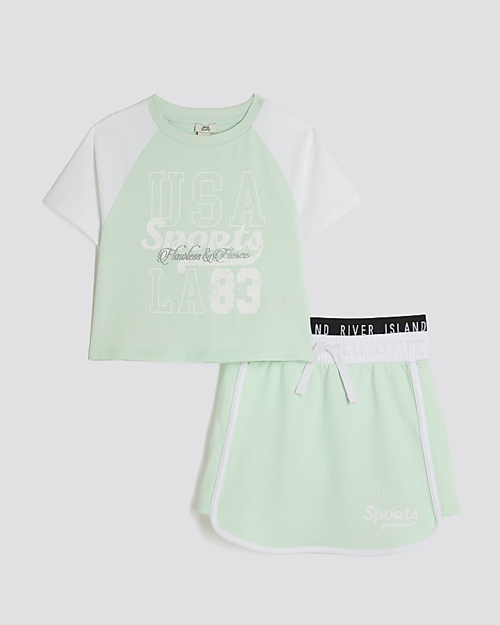 Girls Green Top And Runner Skirt Set