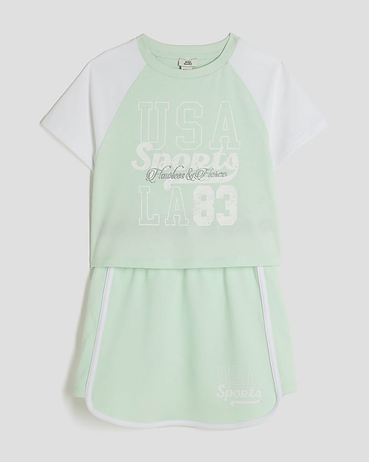 Girls Green Top And Runner Skirt Set