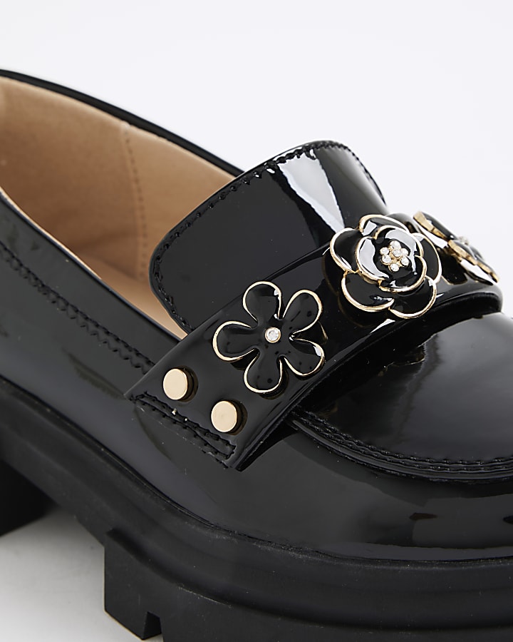 Girls Black Floral Chunky Loafers