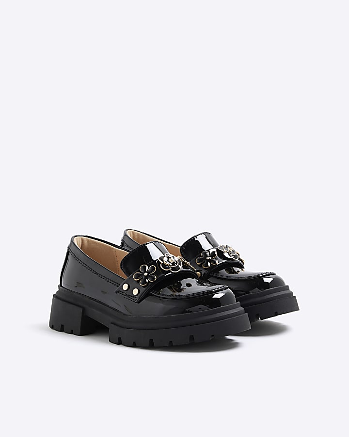 Girls Black Floral Chunky Loafers