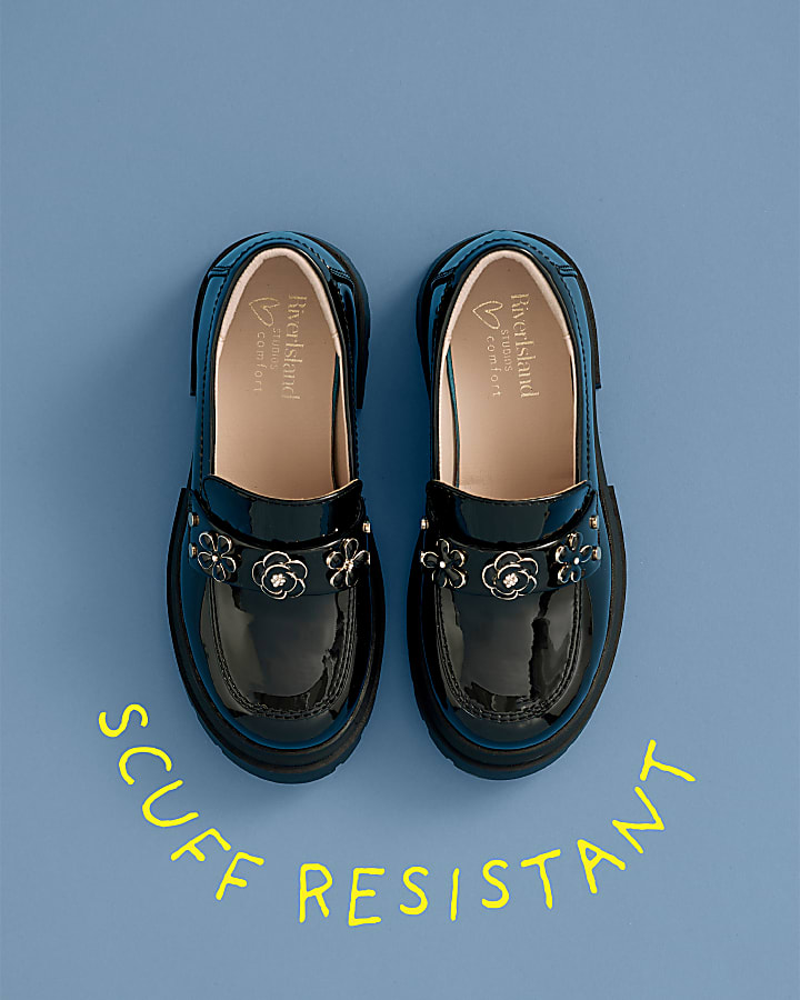 Girls Black Floral Chunky Loafers