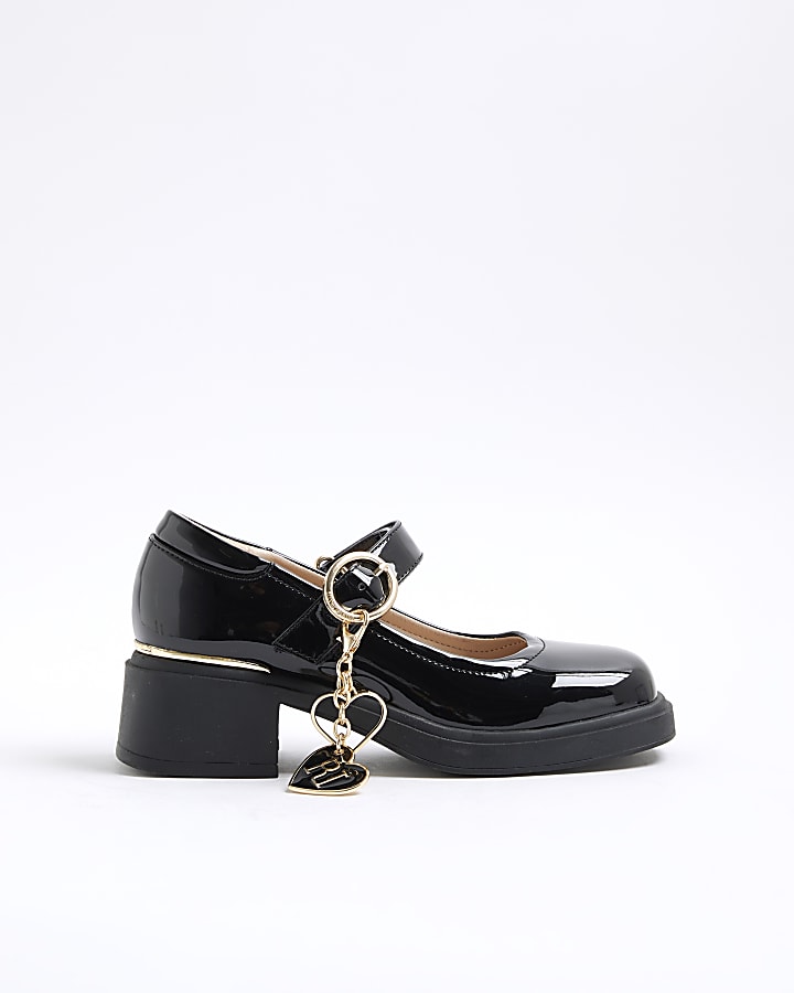 Girls Black Charm Heeled Mary Jane Shoes