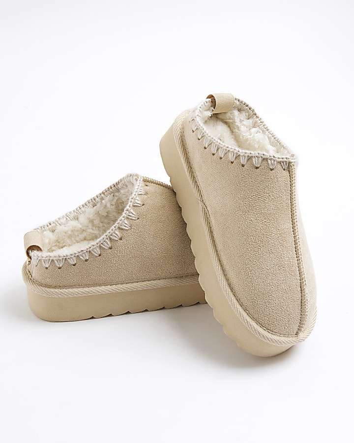Girls Beige Whipstitch Platform Slippers
