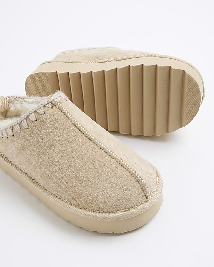 Girls Beige Whipstitch Platform Slippers
