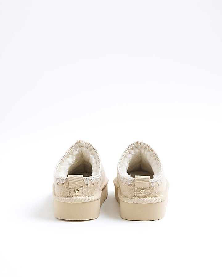 Girls Beige Whipstitch Platform Slippers