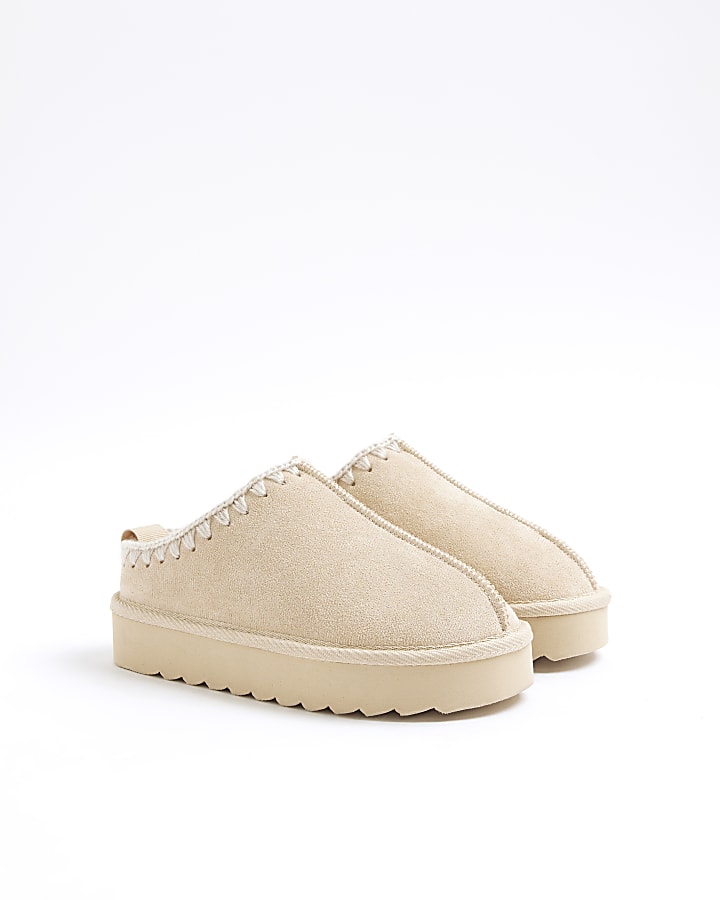 Girls Beige Whipstitch Platform Slippers