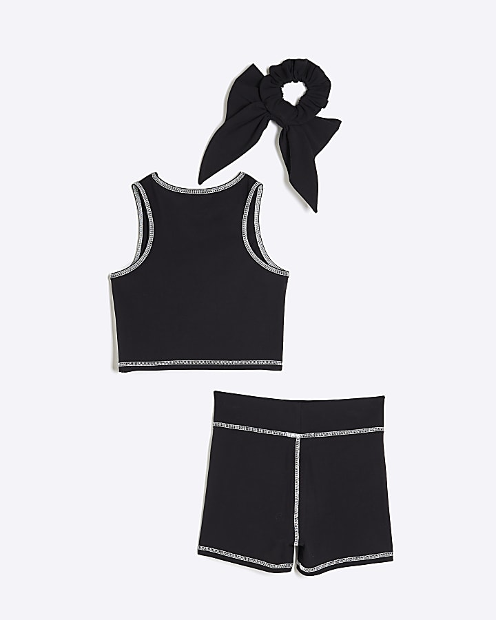 Girls Black Active Cheer Crop Top Bow Set