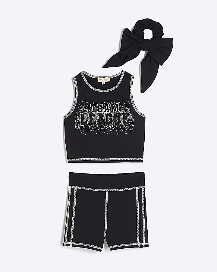 Girls Black Active Cheer Crop Top Bow Set