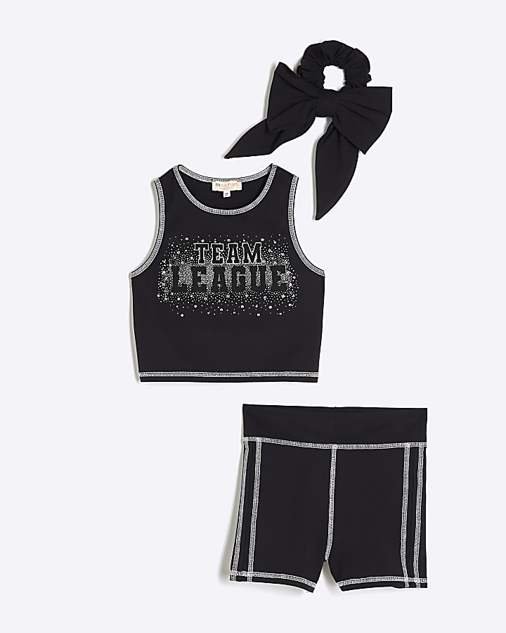 Girls Black Active Cheer Crop Top Bow Set