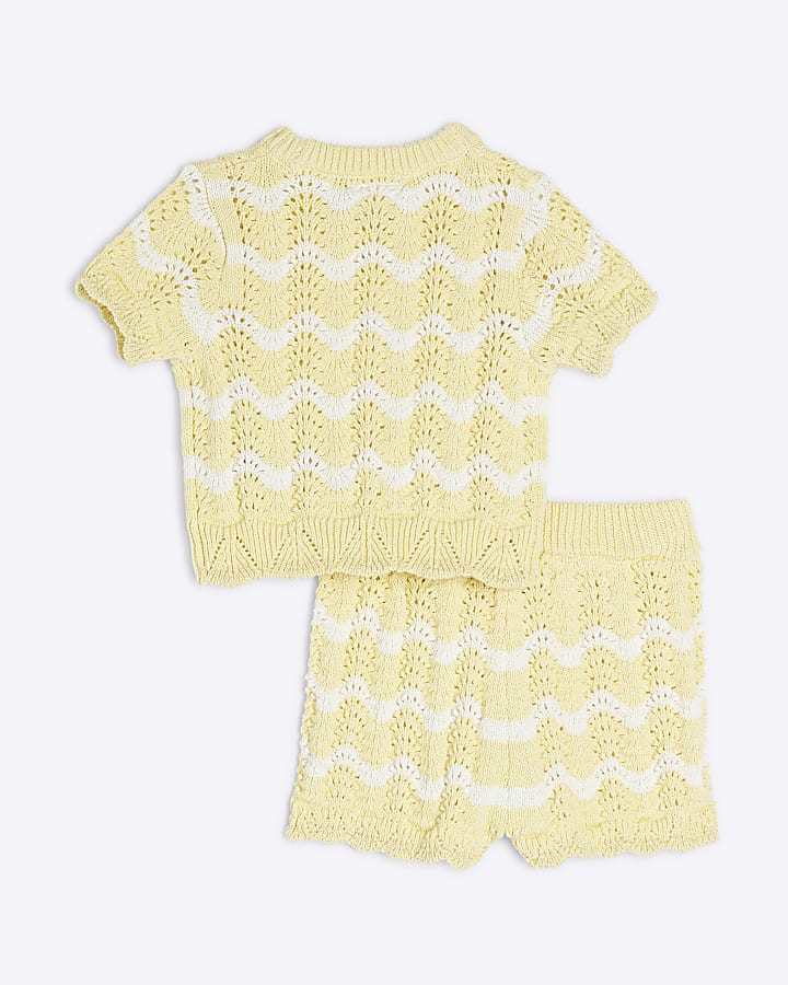 Baby Girls Yellow Striped Crochet Shorts Set