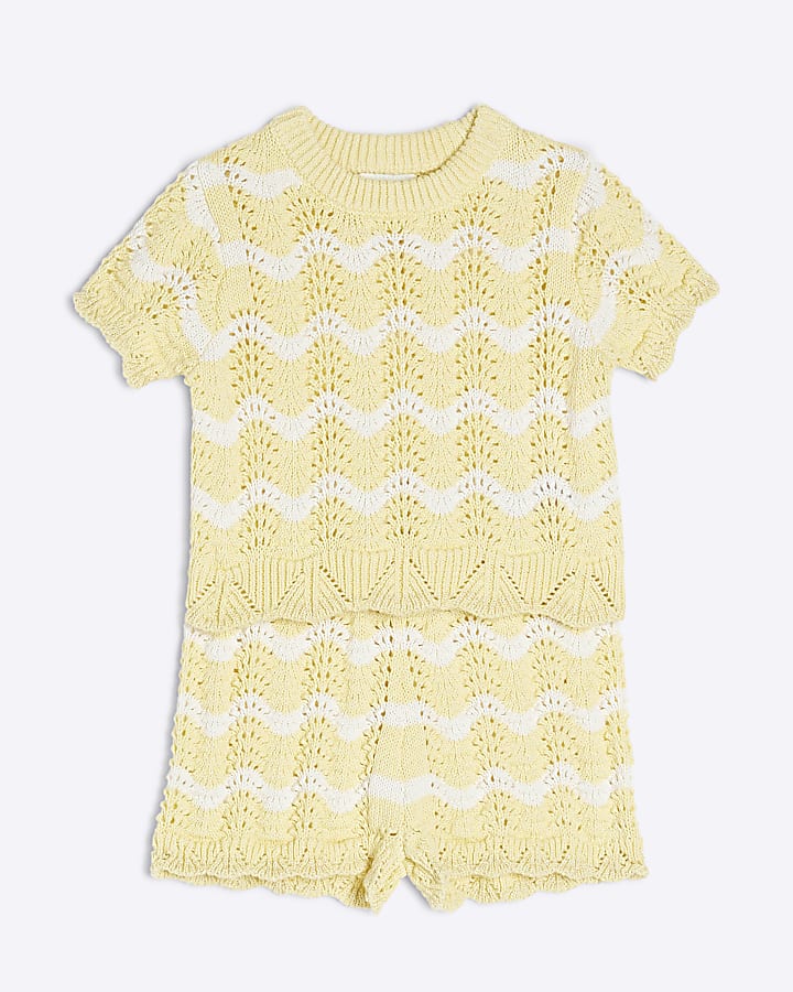 Baby Girls Yellow Striped Crochet Shorts Set