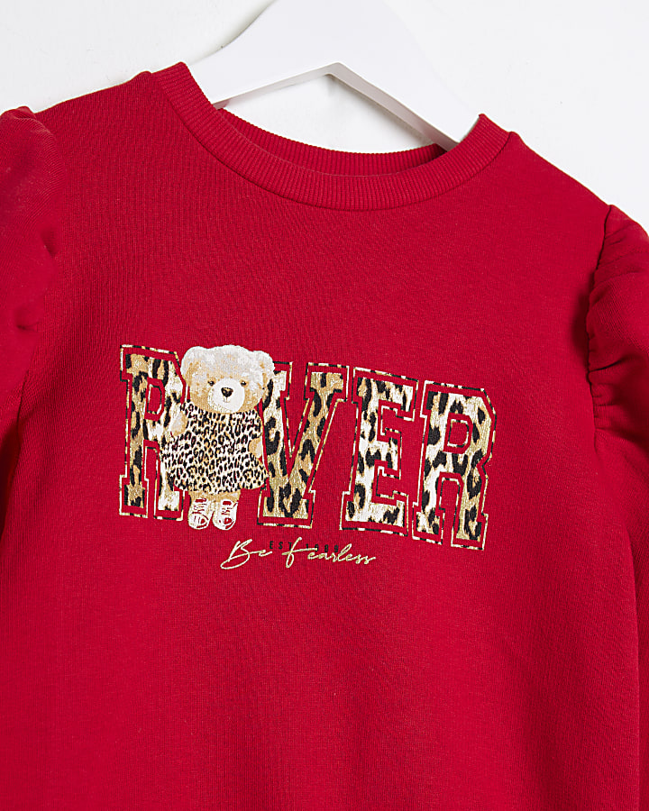 Mini Girls Red Leopard Bear Sweatshirt Set