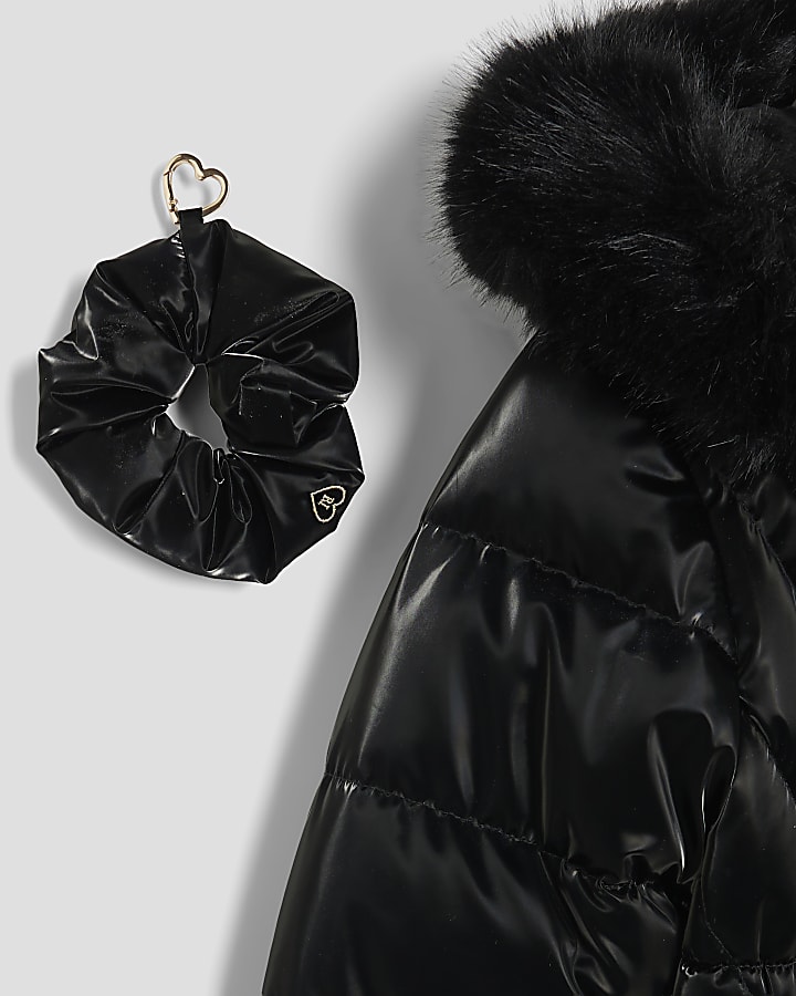 Girls Black High Shine Padded Coat Set