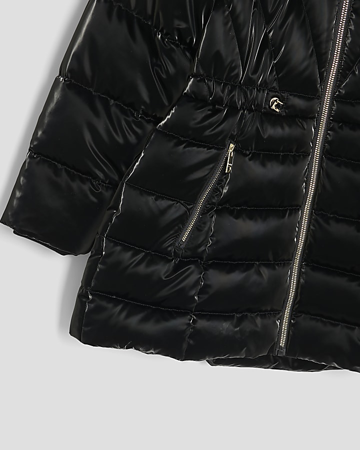 Girls Black High Shine Padded Coat Set