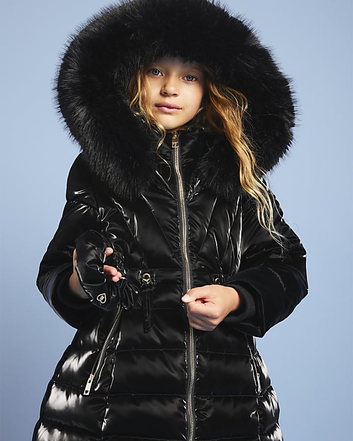 Girls Black High Shine Padded Coat Set