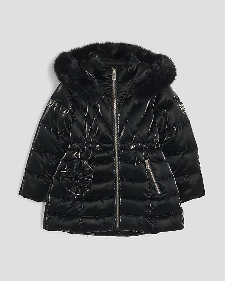 Girls Black High Shine Padded Coat Set