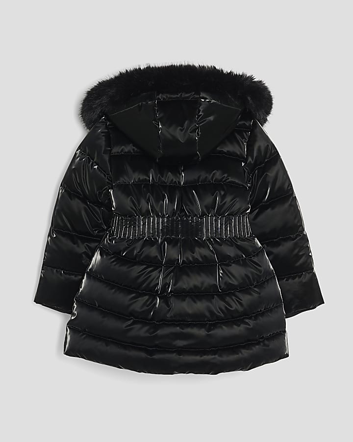 Girls Black High Shine Padded Coat Set
