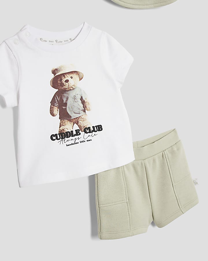 Baby White Baby Bear Bucket Hat Short Set