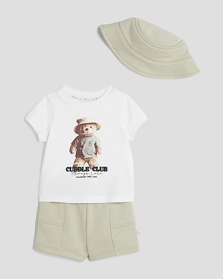 Baby White Baby Bear Bucket Hat Short Set