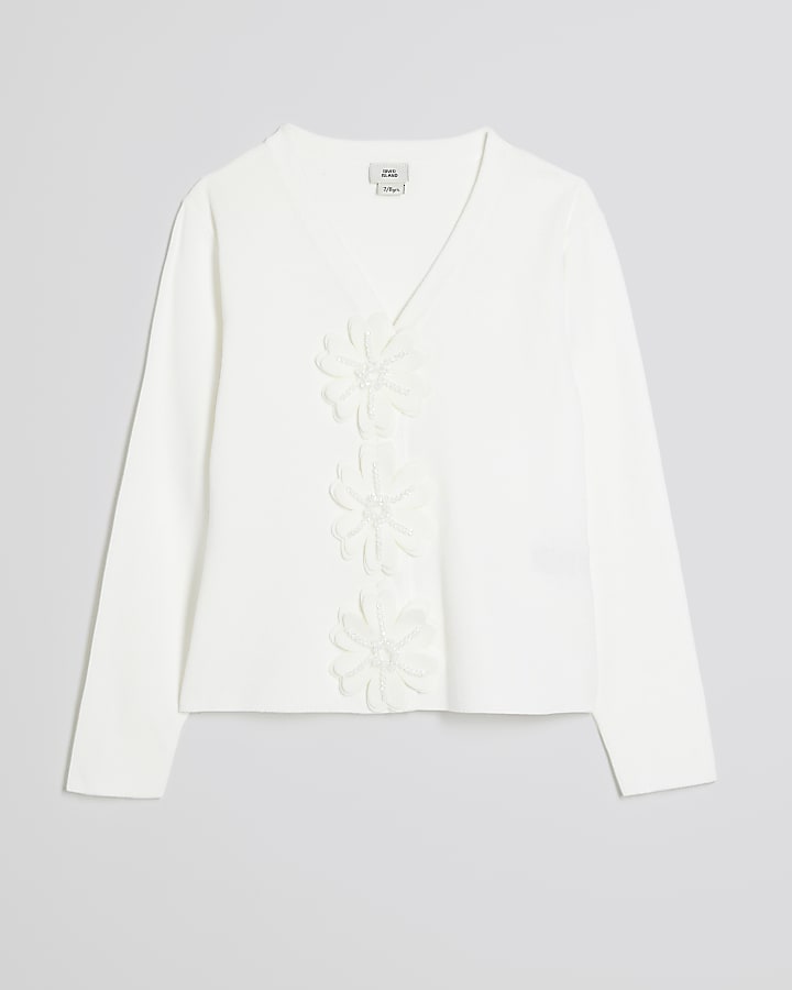 Girls White 3D Flower Cardigan