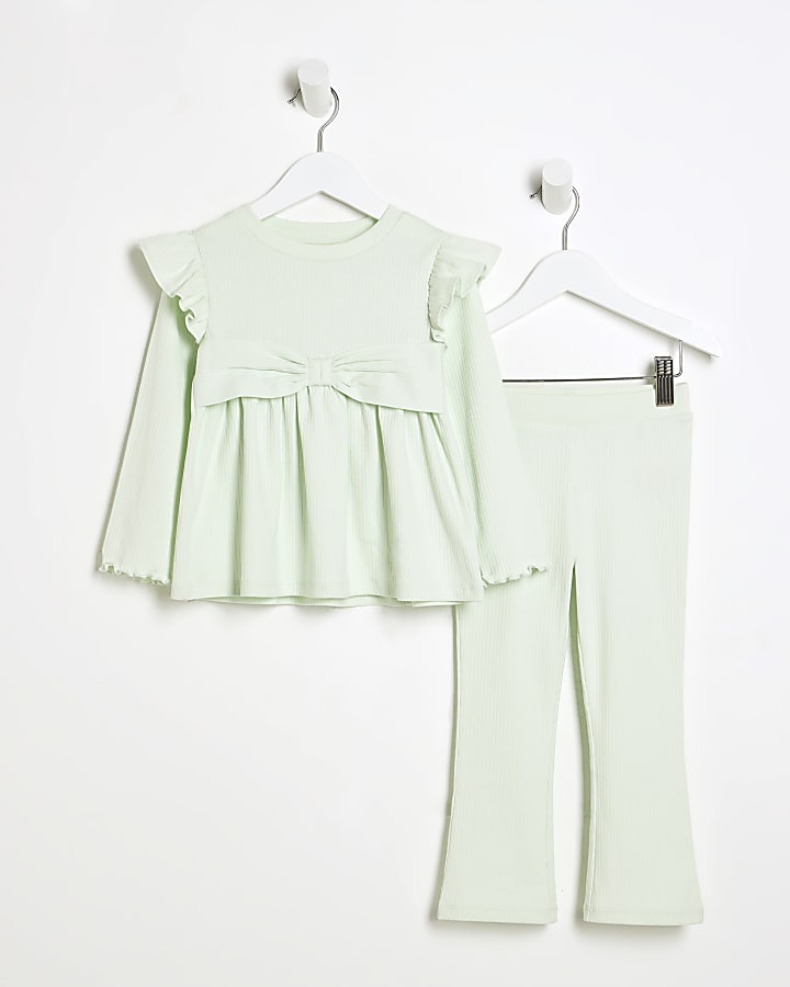 Mini Girls Green Bow Peplum Kickflare Set