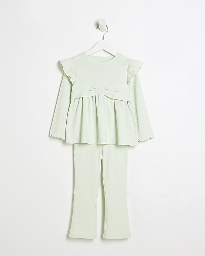 Mini Girls Green Bow Peplum Kickflare Set