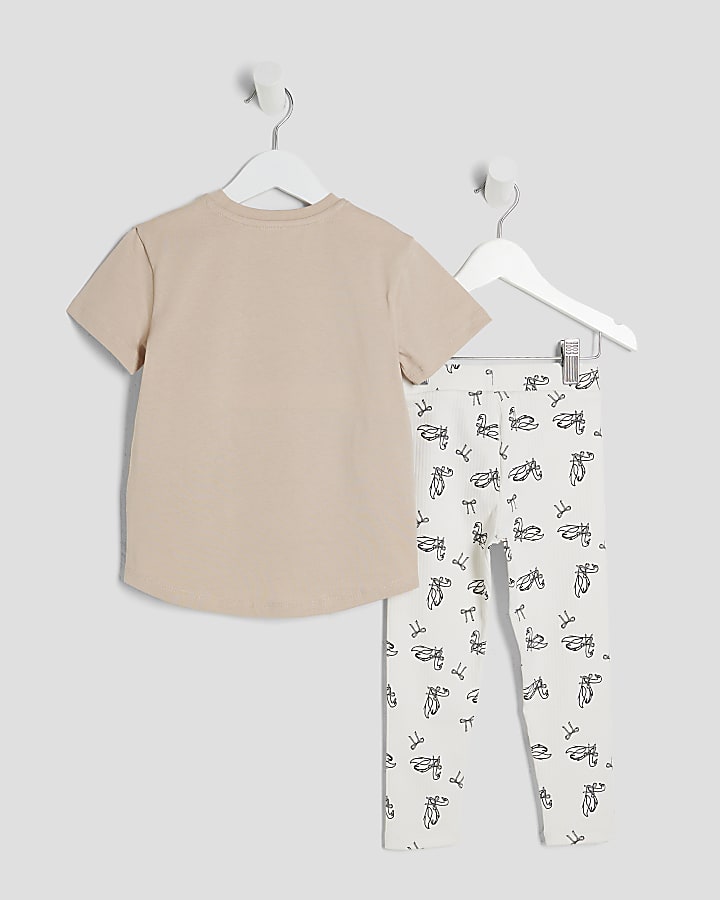 Mini Girl Beige Swan T-Shirt And Leggings Set