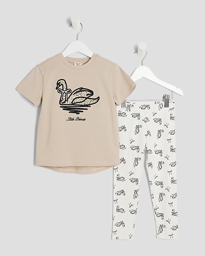 Mini Girl Beige Swan T-Shirt And Leggings Set