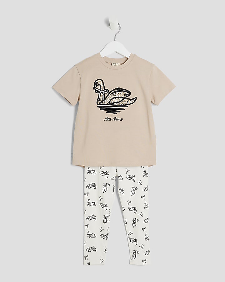 Mini Girl Beige Swan T-Shirt And Leggings Set