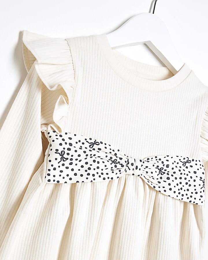 Mini Girls Cream Bow Ribbed Peplum Top Set