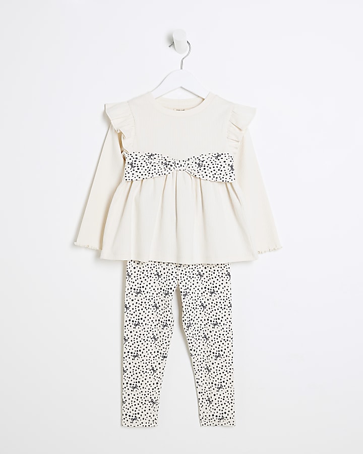 Mini Girls Cream Bow Ribbed Peplum Top Set