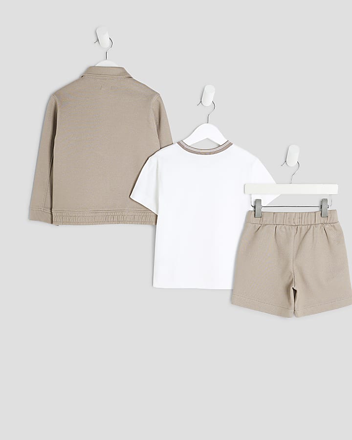 Mini Boys Beige Twill Jacket 3 Piece Set