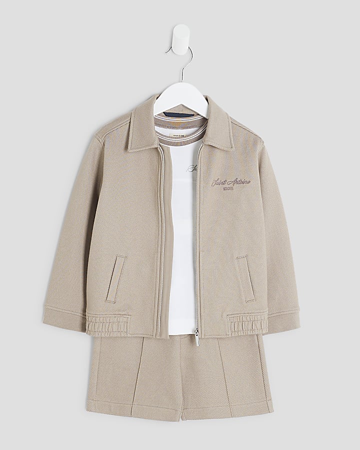 Mini Boys Beige Twill Jacket 3 Piece Set