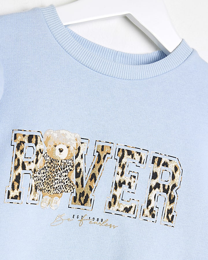 Mini Girls Blue Leopard Bear Sweatshirt Set