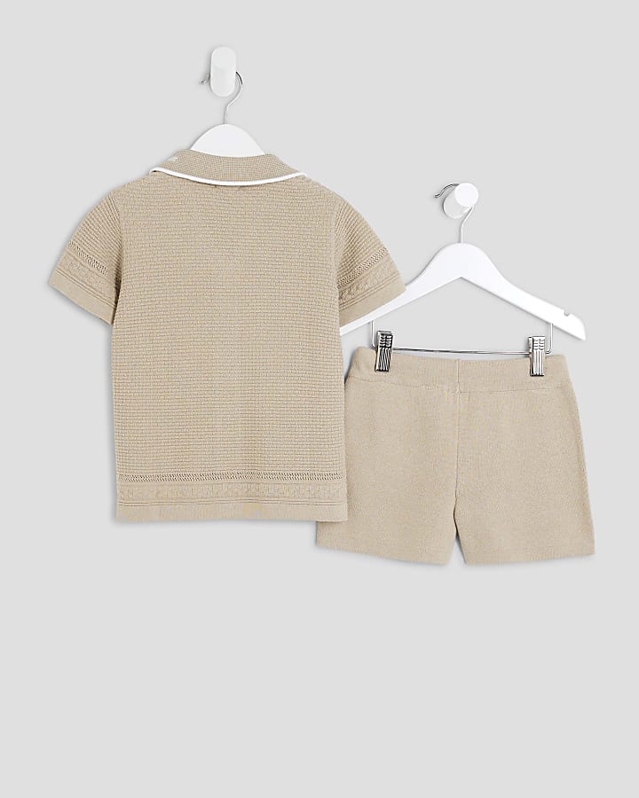 Mini Boys Stone Textured Polo Shirt Set