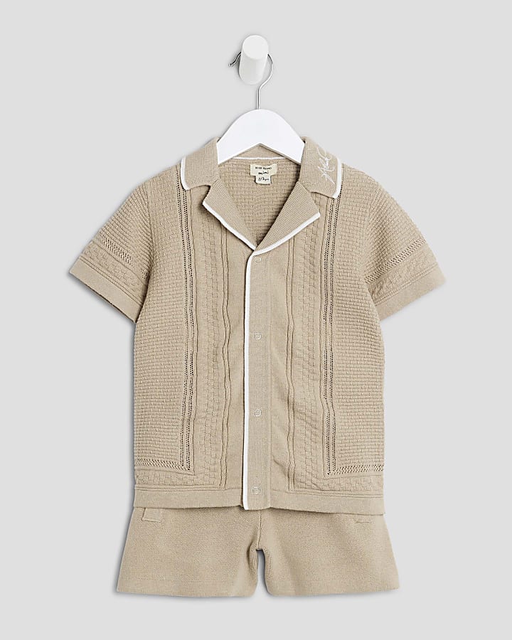Mini Boys Stone Textured Polo Shirt Set