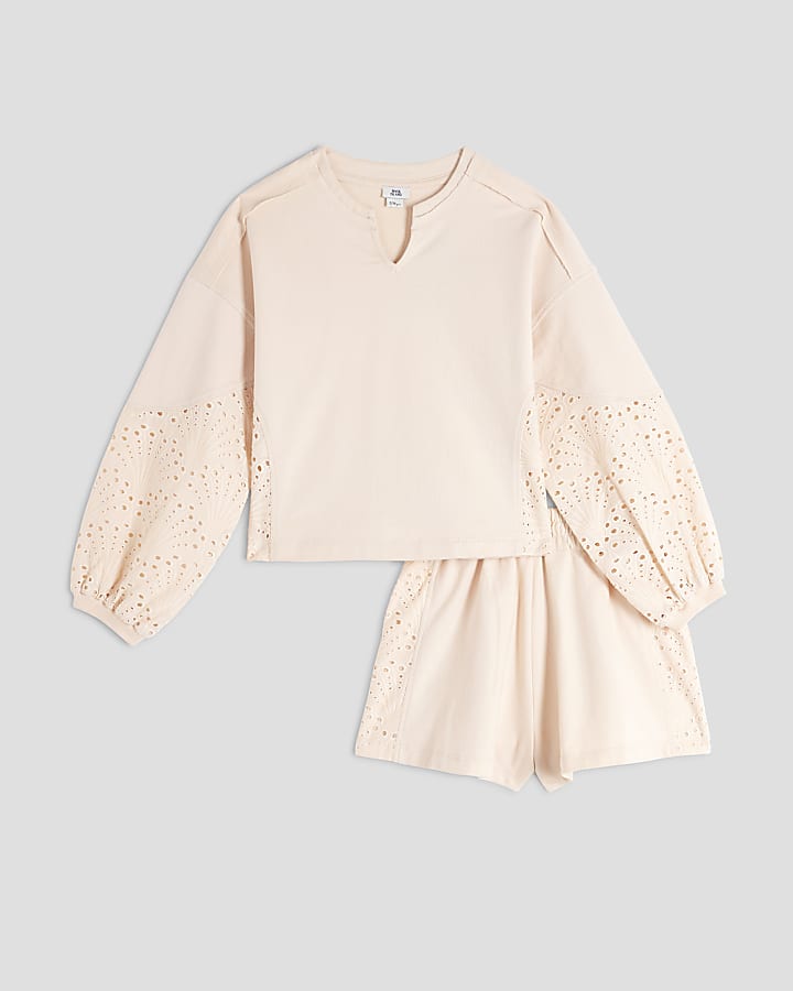Girls Cream Embroidered Runner Top Set