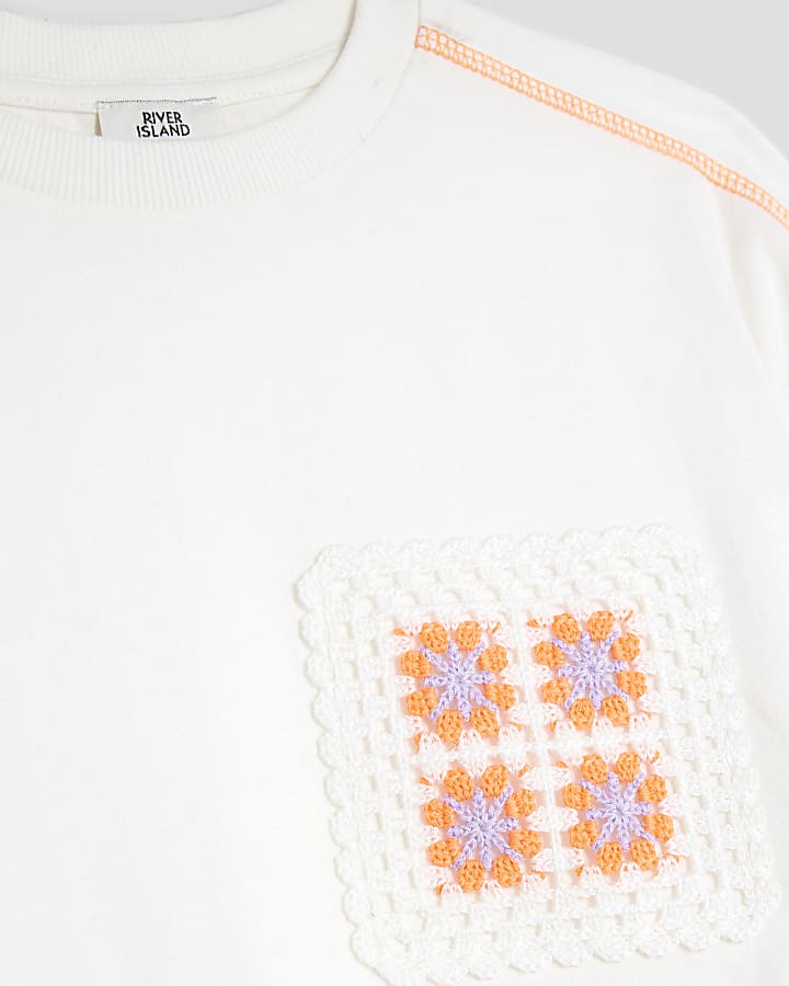 Girls White Crochet Pocket Top Set