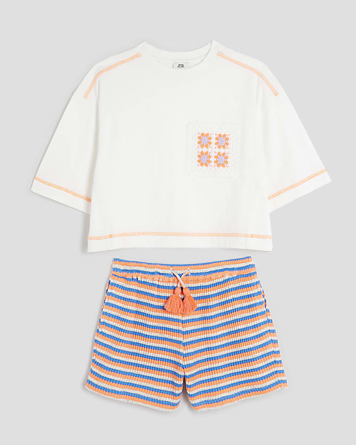 Girls White Crochet Pocket Top Set