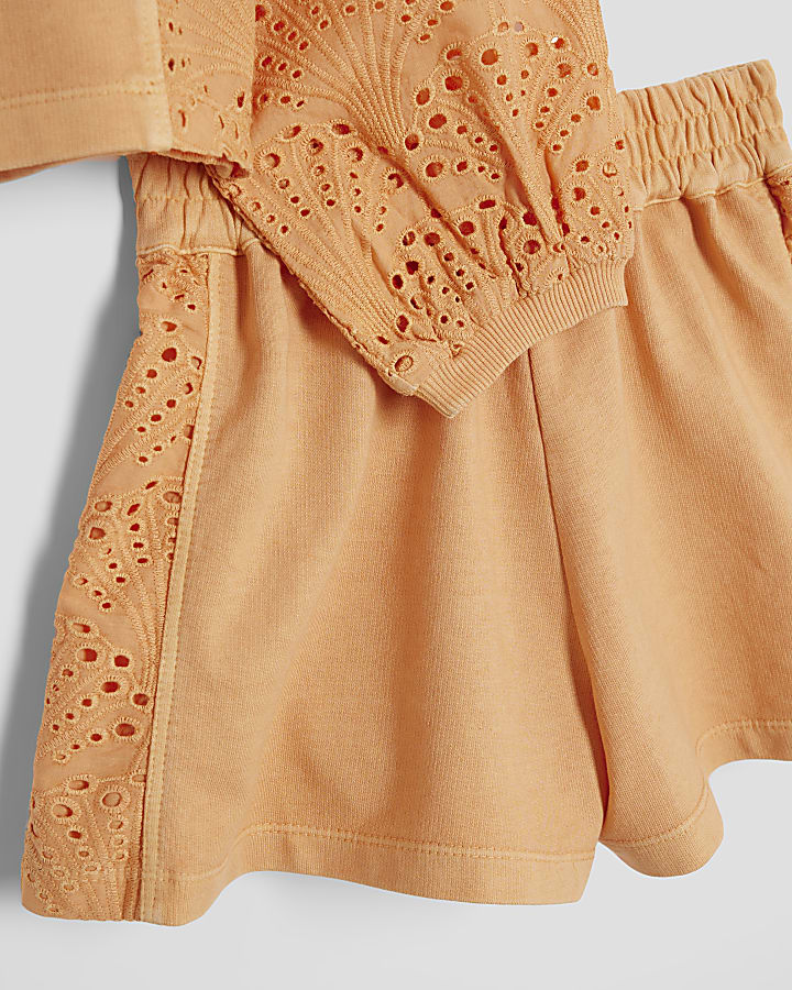 Girls Orange Embroidered Runner Shorts Set