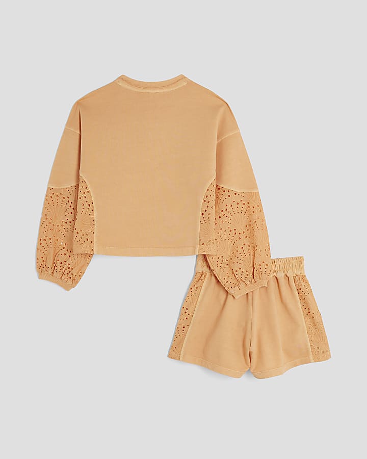 Girls Orange Embroidered Runner Shorts Set