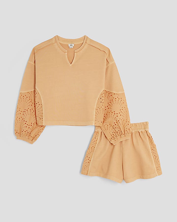 Girls Orange Embroidered Runner Shorts Set