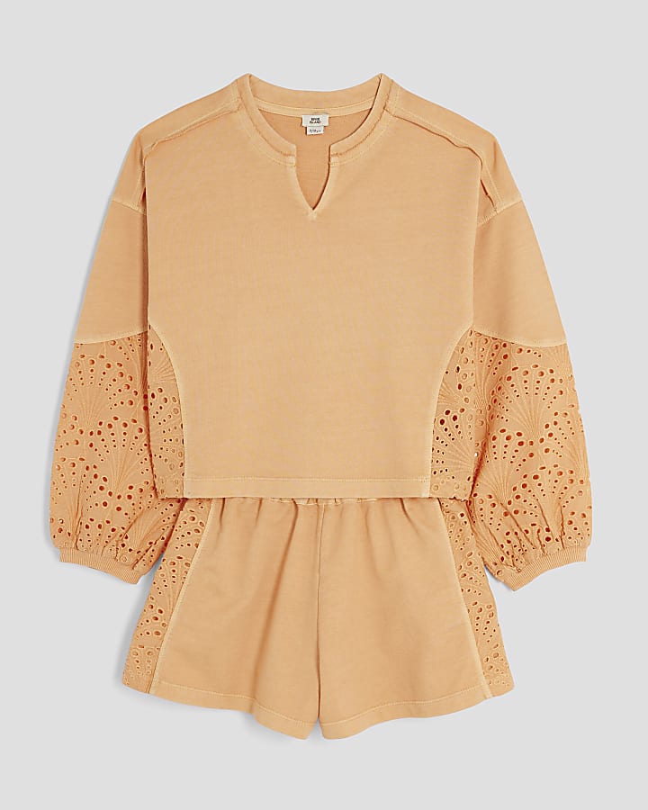 Girls Orange Embroidered Runner Shorts Set
