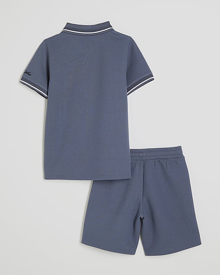 Boys Blue Textured Stripe Polo Set