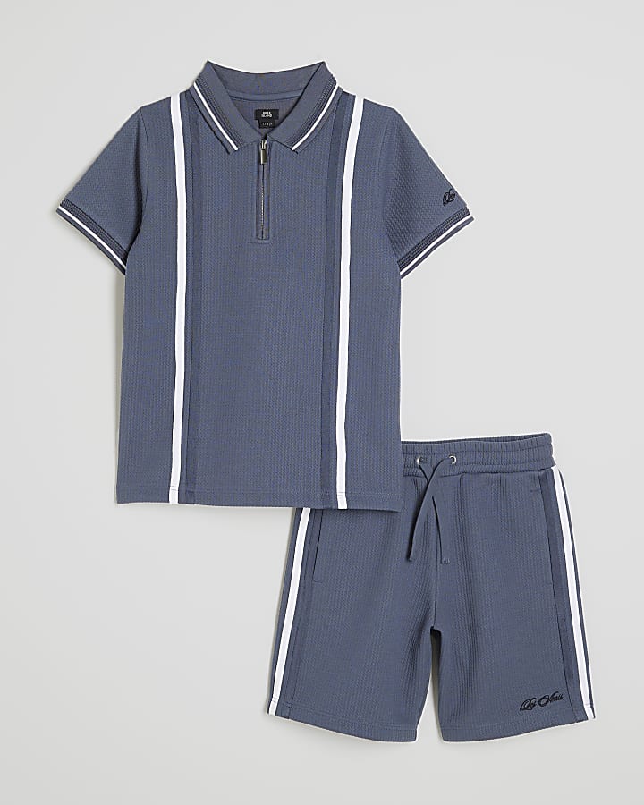 Boys Blue Textured Stripe Polo Set