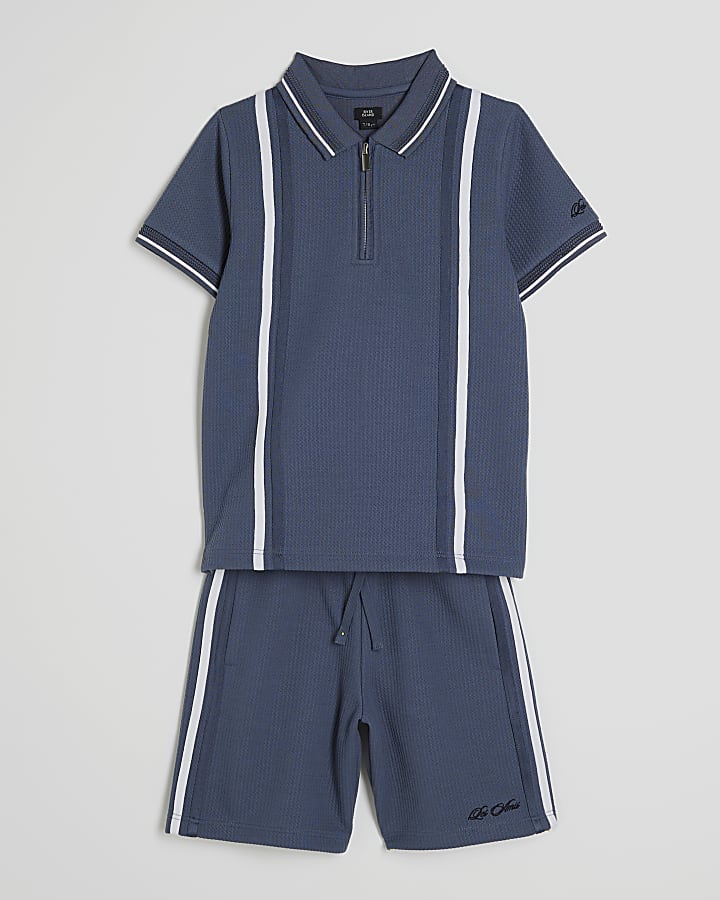 Boys Blue Textured Stripe Polo Set