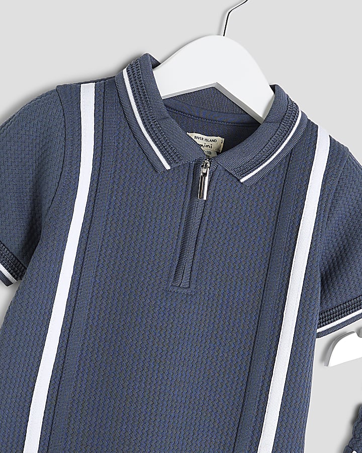 Mini Boys Blue Textured Stripe Polo Shirt Set