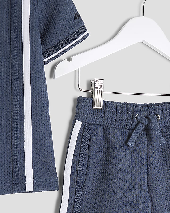 Mini Boys Blue Textured Stripe Polo Shirt Set